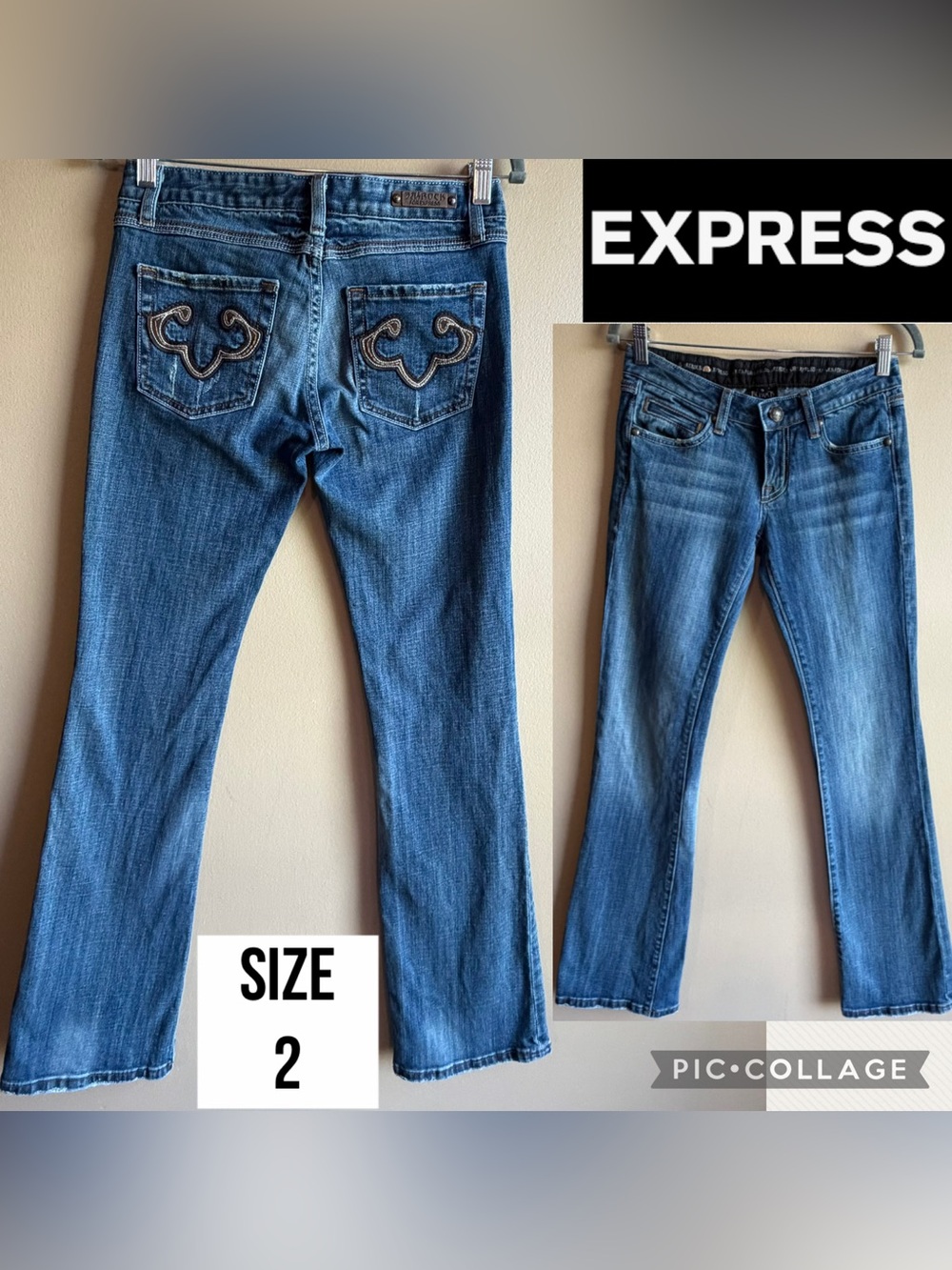 ReRock Express Womens Jeans Boot Cut Embroidered Pockets Low Rise 33” Inseam 2